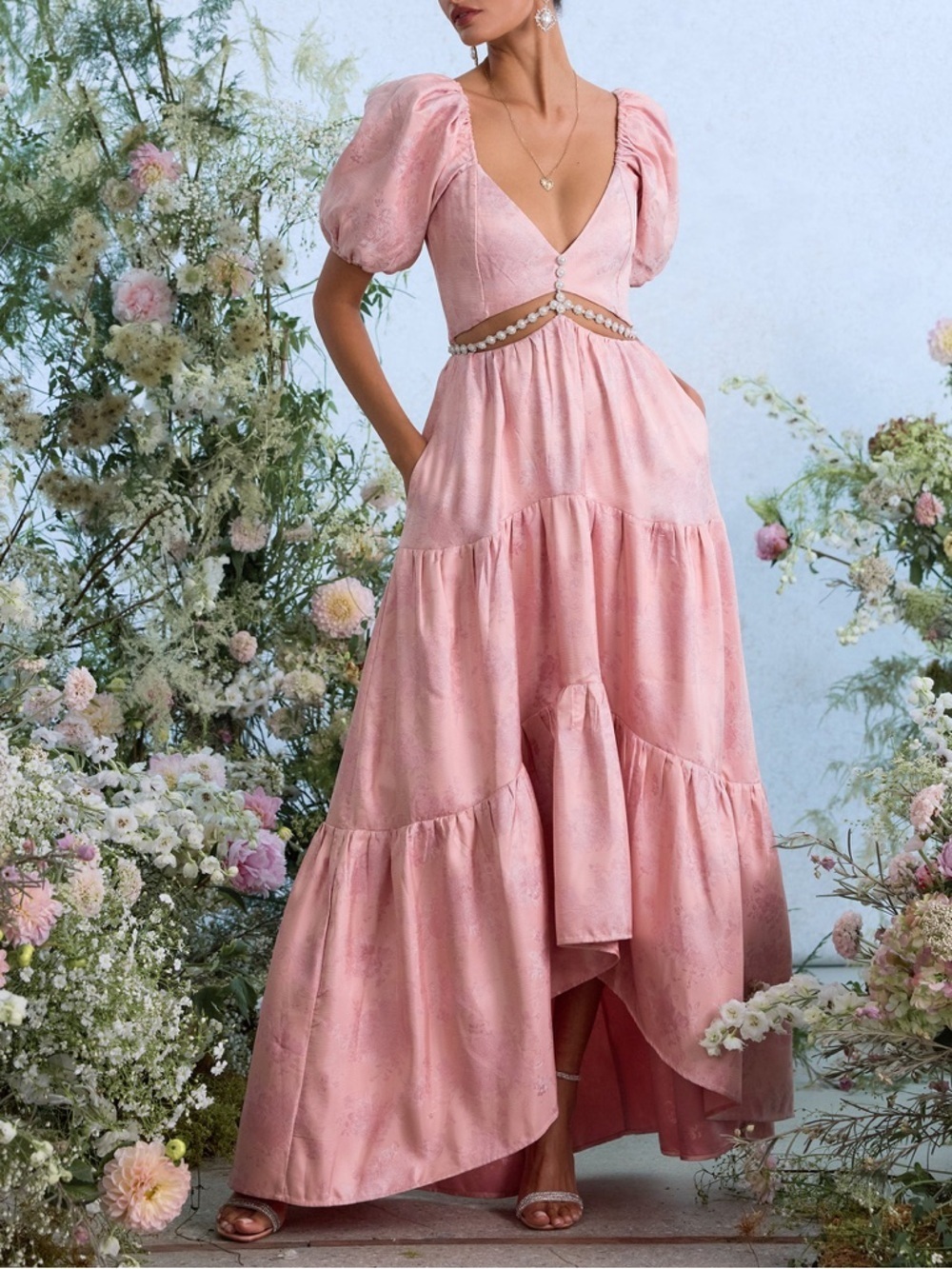 V Chapman The Emma Maxi Dress in Light Pink Windsor Brocade - 12 - NWT